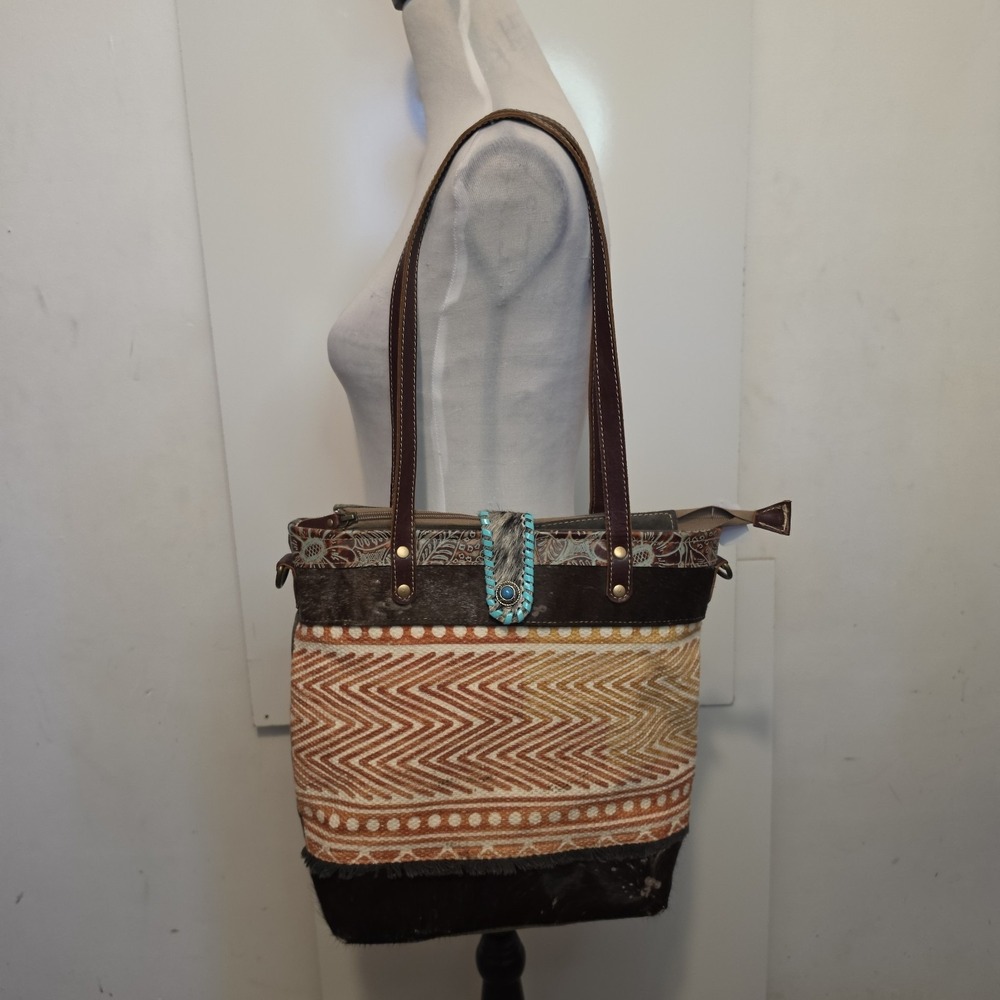 Myra Bag Western Cowhide Leather Canvas Tote Handbag Turquoise Boho